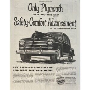 Plymouth "Safety-Comfort Advancement at Lowest-Price" Vintage Print Ad 1948